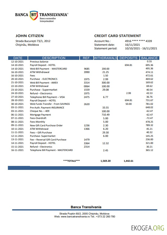 Relevé bancaire de Moldavie Banca Transilvania template Relevé bancaire de Moldavie Banca Transilvania template